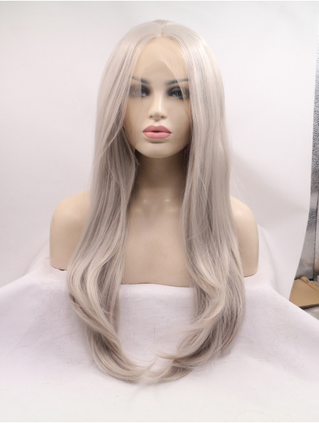 Long Wavy Without Bangs Grey Lace Front 25" Synthetic Wigs