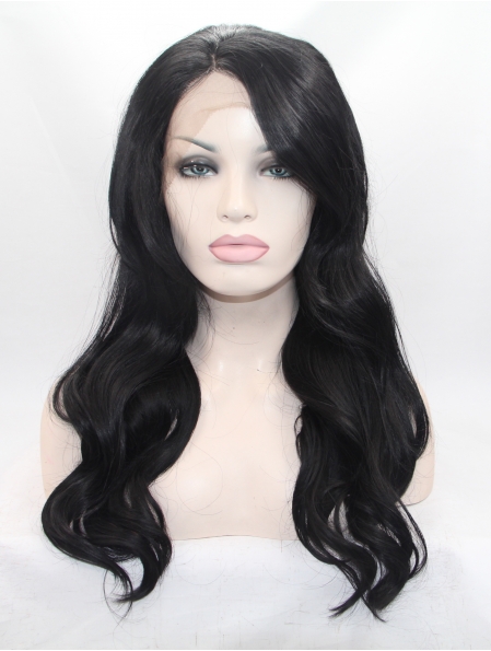 18" Wavy Black With Bangs Synthetic Lace Front Long Wigs