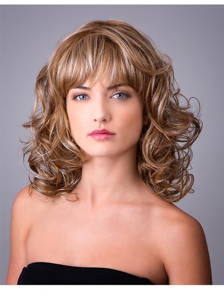 Curly Ombre/2 tone 14" With Bangs Capless Synthetic Long Hair Wigs