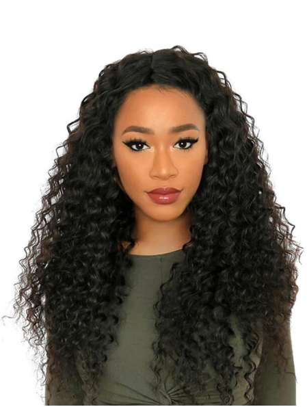 Black Curly Without Bangs Remy Human Hair 360 Lace Women Wigs