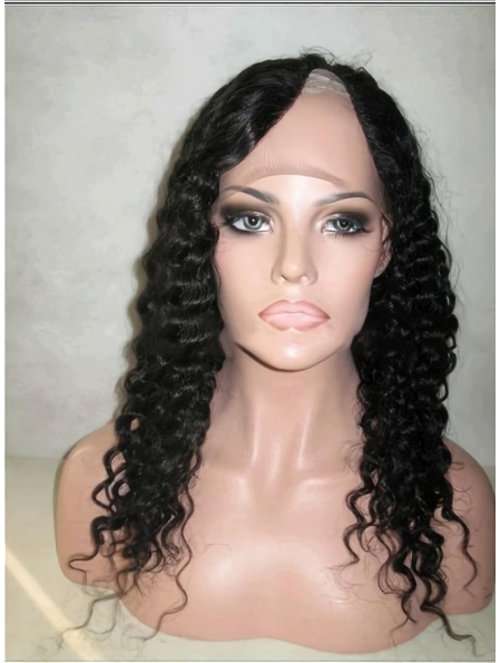 Popular Black Curly Lace Front Long Human Hair U Part Women Wigs