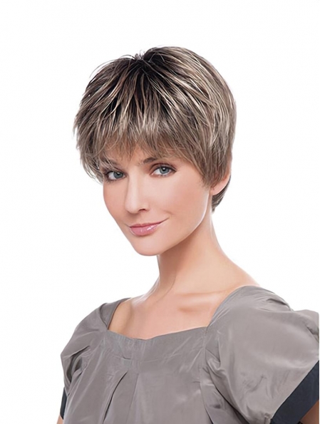 Straight Monofilament Ombre/2 Tone Synthetic 6Inch Layered Natural Short Wigs