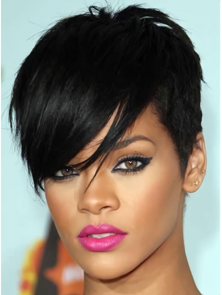 Rihanna Cool-looking Short Straight Capless Human Hair Wig with Bangs