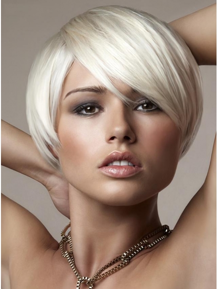 Young Fashion Platinum Blonde With Side Bangs Short  Capless Wigs