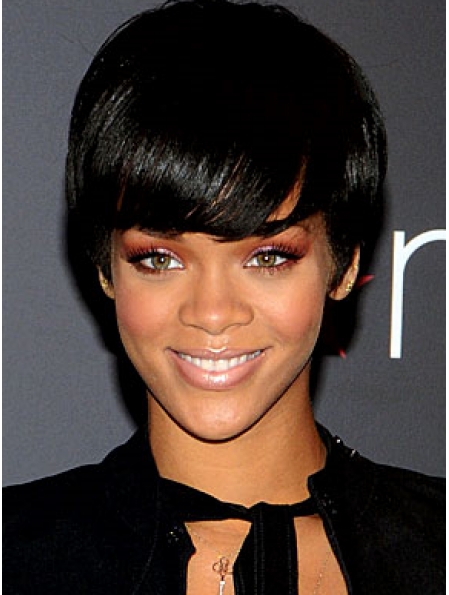 Rihanna Pleasant Short Straight with Bangs Lace Front Human Hair Women Wig 