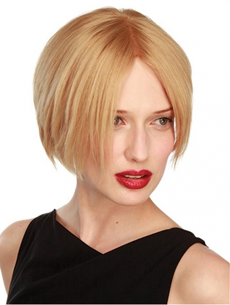 Convenient Blonde Short Straight Lace Front Human Hair Women Bobs  Wigs