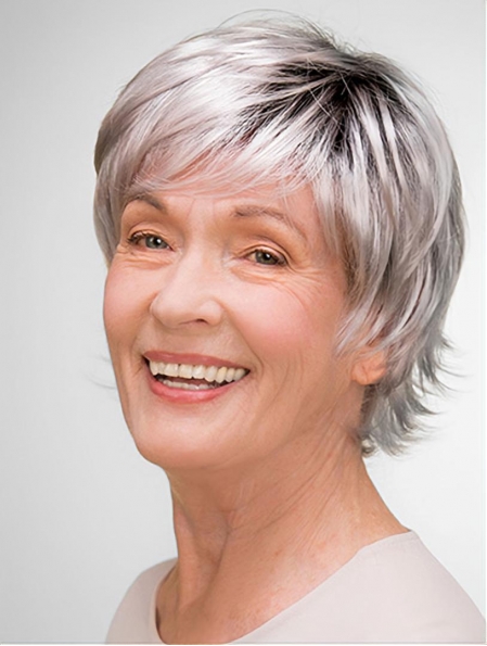 Short 8" 100% Hand-tied Grey Synthetic Layered Elderly Women Wigs