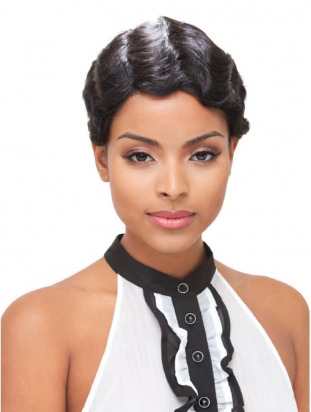 Black Wavy Short Lace Brazilian Remy Human Hair Glamorous  Women Wigs