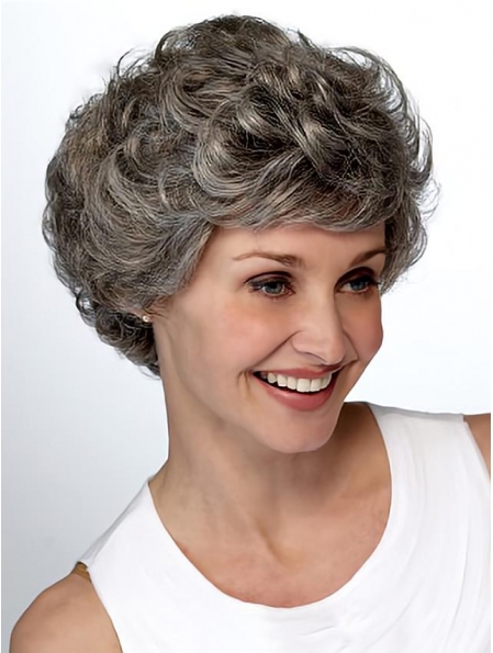 Comfortable Wavy Short Hand-Tied Synthetic Grey Women Wigs