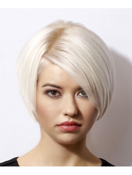 Short Straight Light Blonde Bob Haircut with Side Swept Bangs Human Hair Wigs