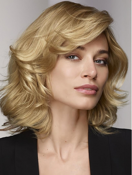  Blonde 12" Curly Shoulder Length Lace Front Human Hair Women Bobs Wig
