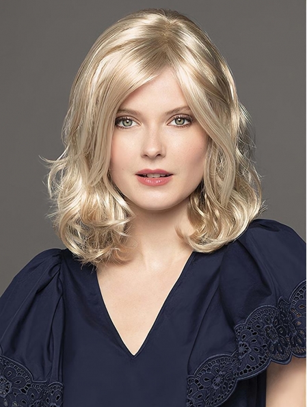 14" Platinum Blonde Shoulder Length Curly Without Bangs Monofilament Synthetic Women Wigs