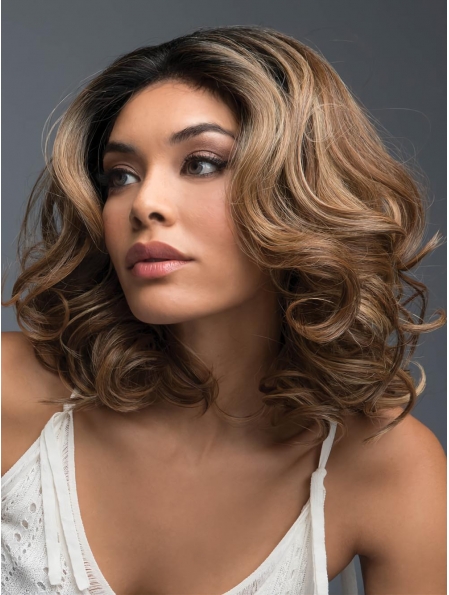 Brown Curly Shoulder Length Layered Lace Front Synthetic Women Wigs