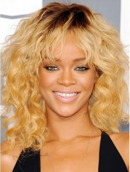 Discount Blonde Curly Shoulder Length Capless Synthetic Women Celebrity Wigs