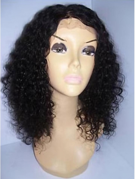Natural Black Curly Shoulder Length Lace Front Remy Human Hair Women Wigs