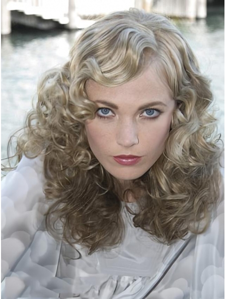 Young Fashion  Shoulder Length Curly Lace Front Human Hair Grey Women Wigs