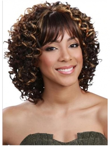 Glamorous Brown Curly Shoulder Length Capless Human Hair Wigs & Half Wigs