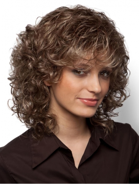 Comfortable Curly Brown Shoulder Length With Bangs Affordable Synthetic Women Wigs