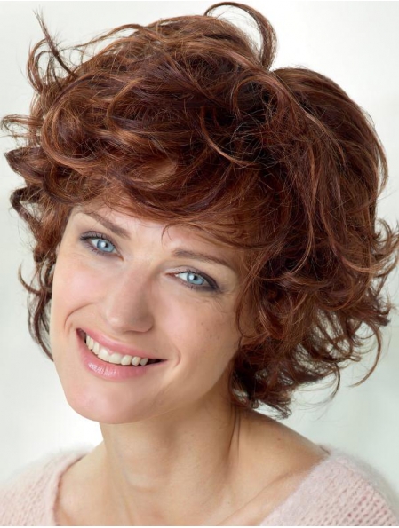 Amazing Auburn Shoulder Length Curly With Bangs Lace Front Beautiful Synthetic Women Wigs