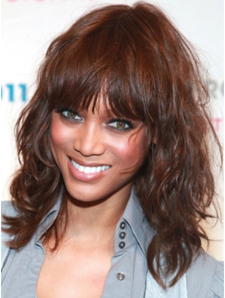  Gorgeous Chic Mid-length Curly with Bangs Lace Front Human Hair Tyra Banks Wig for women
