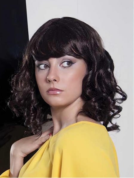 Great Curly Black With Bangs Capless High Quality Synthetic Women Wigs