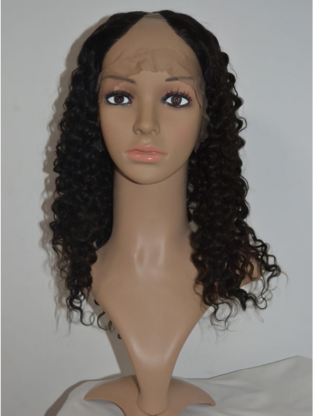 Stylish Black Curly Shoulder Length Lace Front Human Hair U Part Women Wigs