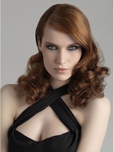 Brown Curly Sleek Medium Mono Synthetic  Women Wigs