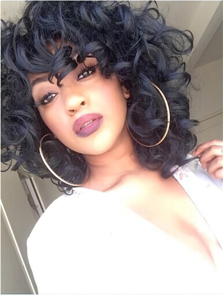  Black Curly Medium Capless Synthetic African American Women Wigs