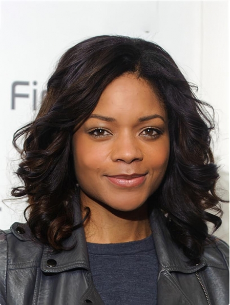 Black Curly Shoulder Length Without Bangs  Lace Front  Synthetic Naomi Harris Women Wigs