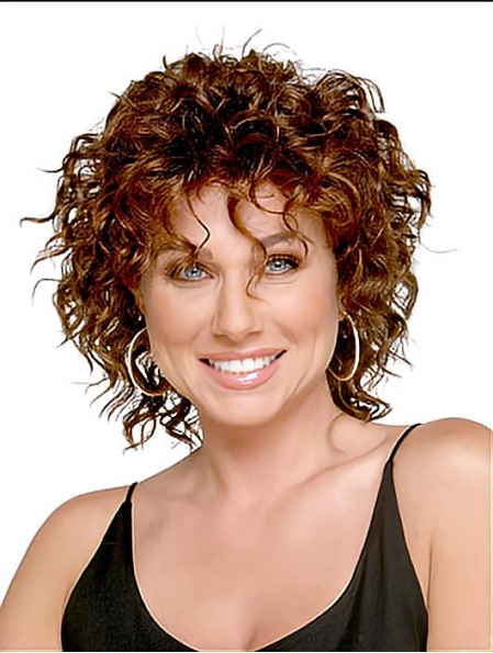 Sleek Auburn Curly Shoulder Length Capless Synthetic Women Wigs