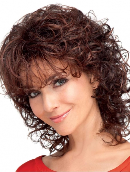 Exquisite Auburn Curly Shoulder Length Capless Classic Synthetic Women Wigs