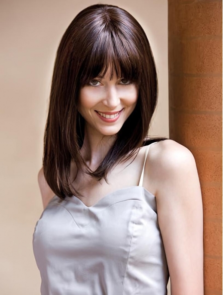 Straight Shoulder Length Brown Monofilament 14" With Bangs Glueless Lace Wigs