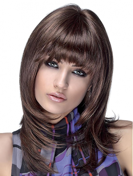 Straight Shoulder Length Brown Synthetic Layered Monofilament Wigs For Women