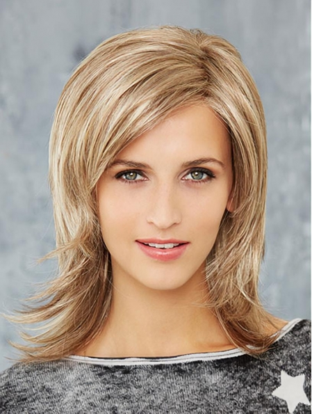 Blonde Straight Shoulder Length Layered Mono Synthetic Women Wigs