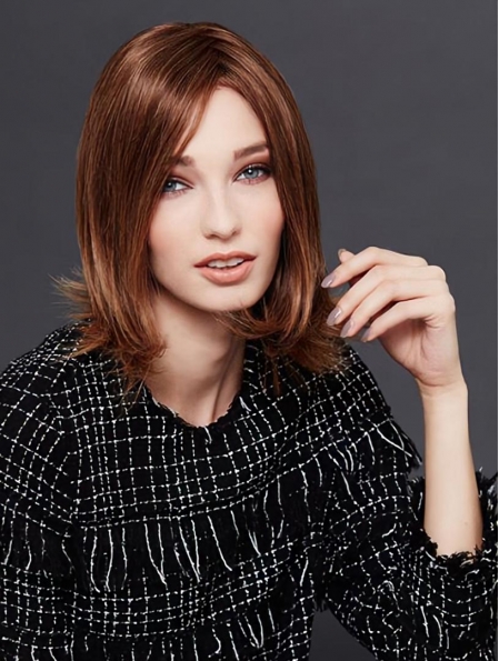 Auburn Shoulder Length Straight Without Bangs Monofilament Human Hair Bobs Wigs