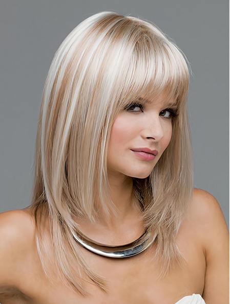 Blonde Shoulder Length Straight  With Bangs Mono  Top Quality Synthetic Women Wigs
