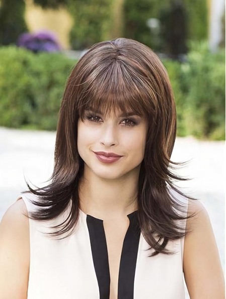 Brown With Bangs Synthetic 14" Straight Medium Wig For Women