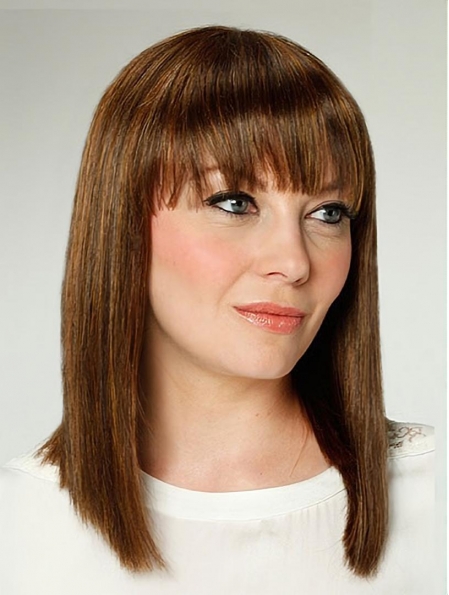 14" Brown Shoulder Length With Bangs Straight Best Synthetic Wigs