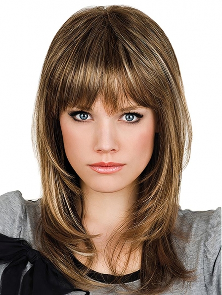 Brown Straight With Bangs Shoulder Length Mono Synthetic Women Wigs