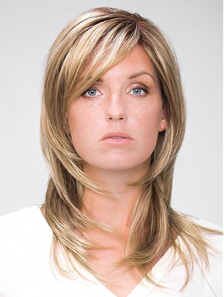 Blonde Straight Shoulder Length With Bangs Hand-Tide Synthetic Women Wigs