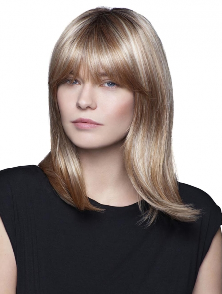 Natural Blonde Straight Shoulder Length With Bangs Hand-Tied Synthetic Medium Women Wigs