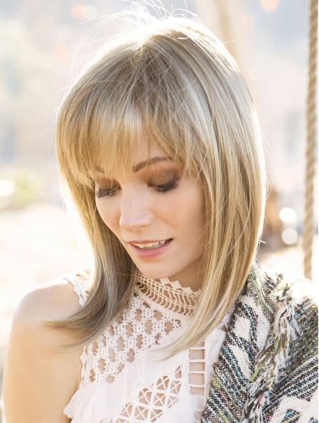 Blonde Straight With Bangs Shoulder Length Amazing Monofilament Synthetic Women Wigs