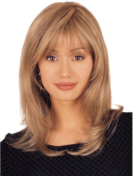 Best Blonde Straight Shoulder Length With Bangs Lace Front Human Hair Women Wigs