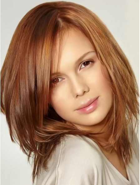Fashionable Auburn Straight Shoulder Length Lace Front Human Hair Women Celebrity Wigs