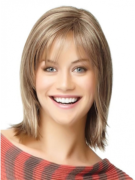Mature Blonde Straight Shoulder Length  With Bangs Capless Human Hair Women Wigs