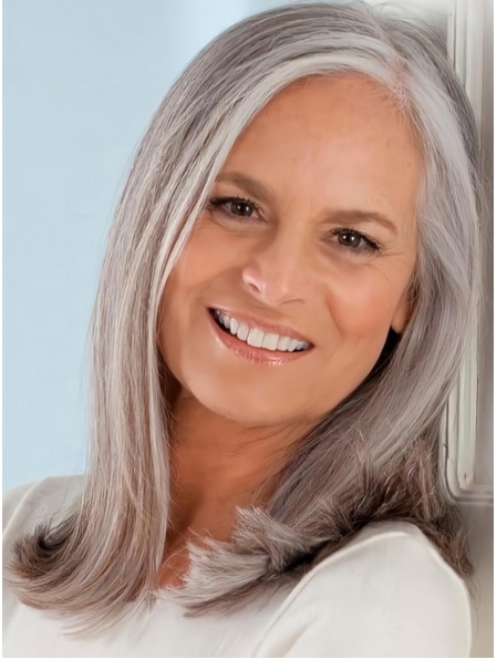 Shoulder Length Straight Without Bangs  Hand Tied Human Hair Grey Lady Wigs