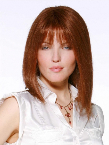 Tempting Auburn Straight Shoulder Length With Bangs Lace Front  Human Hair Women Wigs