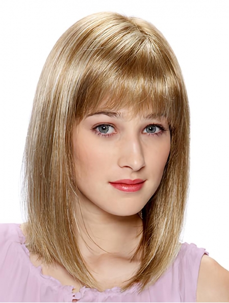 Elegant Blonde Straight Shoulder Length With Bangs Monofilament Human Hair Women Wigs