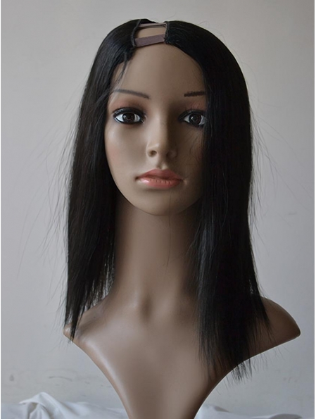 Trendy Black Straight Shoulder Length Lace Front Human Hair U Part Women Wigs