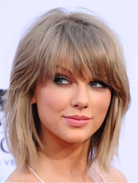 Beautiful Blonde Shoulder Length Straight  With Bangs Lace Synthetic Taylor Swift Inspired Women Wigs